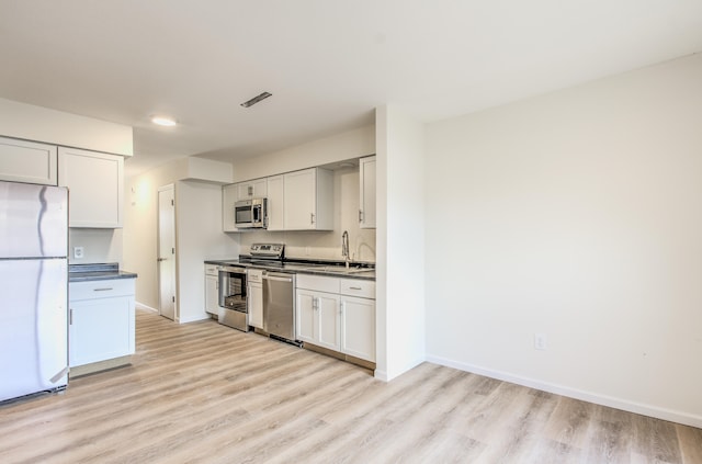 kitchen with white cabinetry, light wood-type flooring, stainless steel appliances, and sink