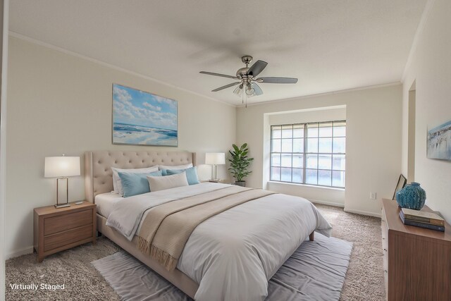 bedroom featuring ceiling fan, light carpet, and crown molding