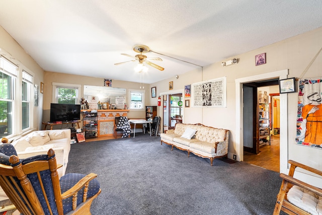 carpeted living room with ceiling fan and a textured ceiling