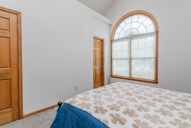 bedroom with carpet floors and lofted ceiling