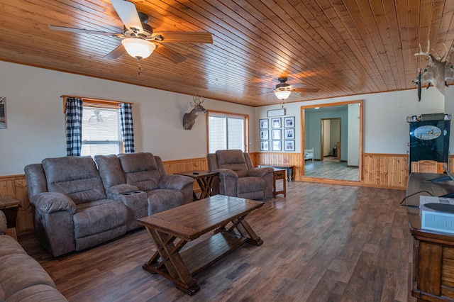 living room featuring dark wood-type flooring, wooden walls, ceiling fan, and wood ceiling