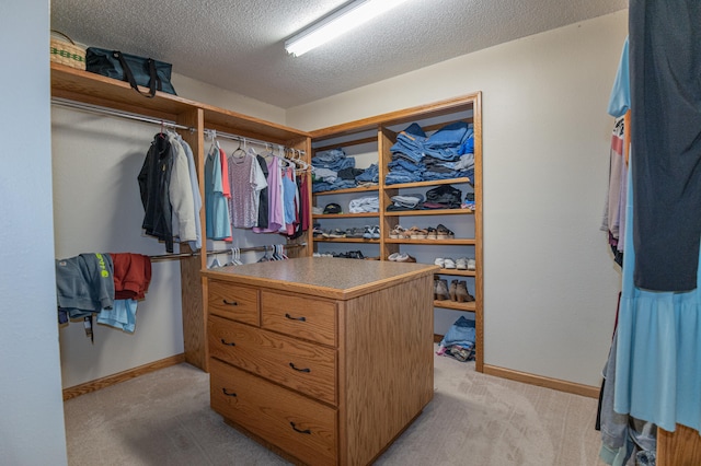 walk in closet with light colored carpet