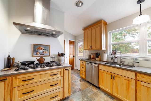 231 State Route W, Fayette, MO 65248 - kitchen with ventilation hood, stainless steel appliances, a sink, lofted ceiling, and light stone finish flooring