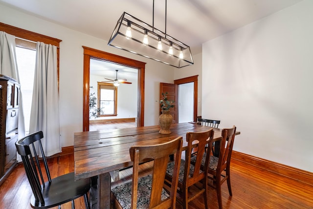 dining room featuring dark wood-type flooring and ceiling fan