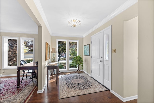 3405 Woodrail Ter, Columbia, MO 65203 - foyer featuring a chandelier, baseboards, crown molding, and dark wood-style flooring