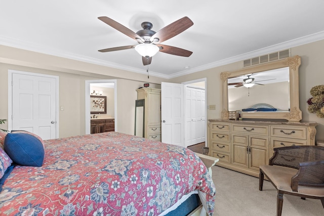 bedroom with light carpet, sink, ensuite bathroom, ceiling fan, and crown molding