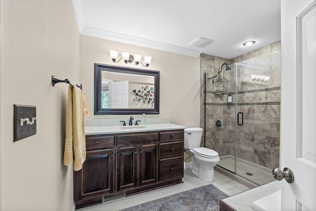 bathroom featuring a shower with door, tile patterned flooring, ornamental molding, vanity, and toilet