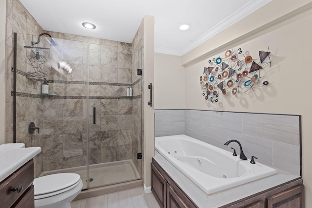 3405 Woodrail Ter, Columbia, MO 65203 - full bathroom with ornamental molding, a shower stall, a tub with jets, and toilet