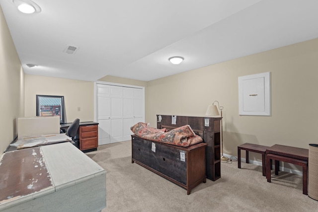 bedroom featuring light colored carpet and a closet