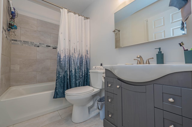 full bathroom with tile patterned flooring, vanity, toilet, and shower / tub combo with curtain