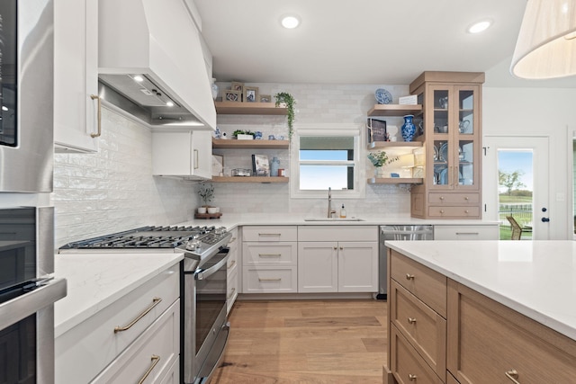 kitchen with light hardwood / wood-style flooring, tasteful backsplash, white cabinetry, appliances with stainless steel finishes, and premium range hood