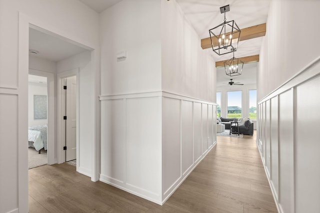 LOT523 The Brks, Columbia, MO 65201 - hallway with a decorative wall, wood finished floors, a chandelier, wainscoting, and beamed ceiling