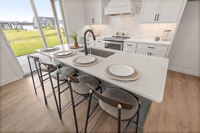 LOT523 The Brks, Columbia, MO 65201 - kitchen with custom exhaust hood, stainless steel range with electric cooktop, a sink, a breakfast bar area, and tasteful backsplash