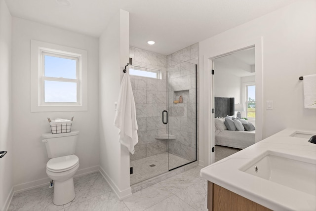 LOT523 The Brks, Columbia, MO 65201 - bathroom with baseboards, marble finish floors, healthy amount of natural light, a shower stall, and recessed lighting