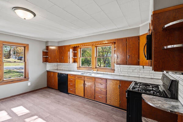 kitchen with black appliances, backsplash, light hardwood / wood-style floors, and a healthy amount of sunlight