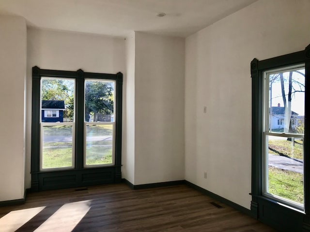 empty room with plenty of natural light and dark wood-type flooring