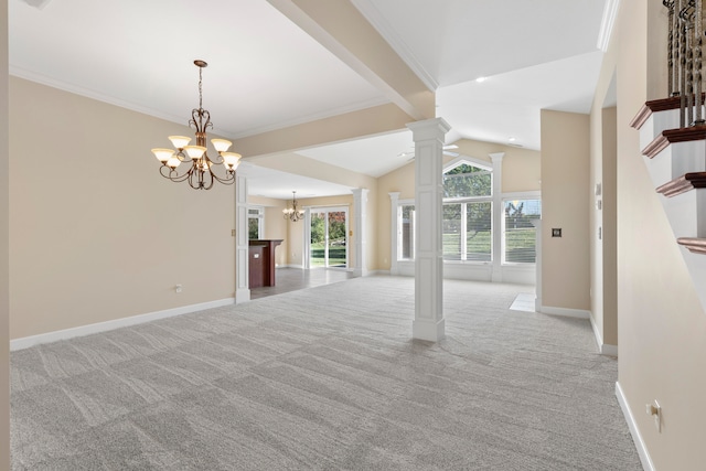 unfurnished living room with decorative columns, light carpet, lofted ceiling with beams, and ornamental molding