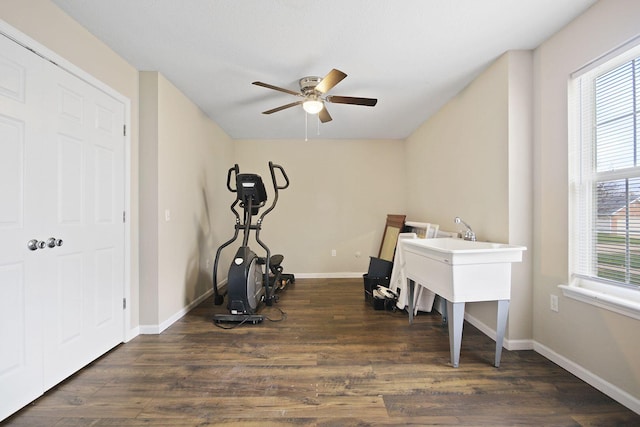 interior space featuring dark hardwood / wood-style flooring, ceiling fan, and a healthy amount of sunlight