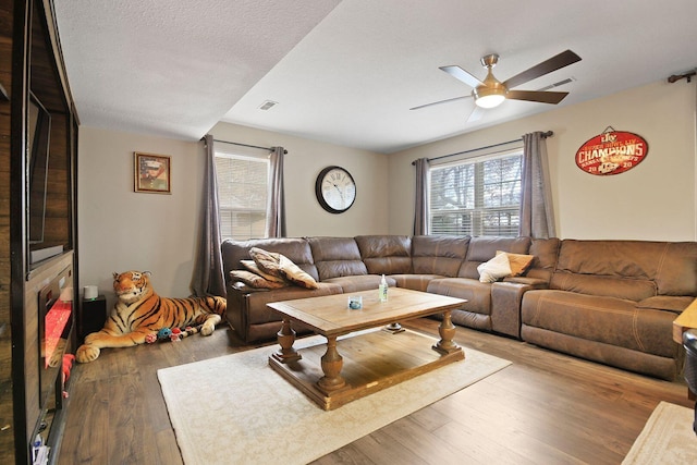 living room featuring ceiling fan, dark hardwood / wood-style flooring, and a textured ceiling