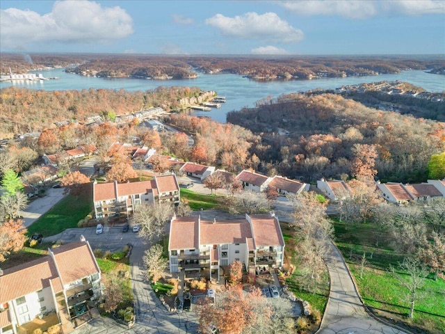 drone / aerial view featuring a water view