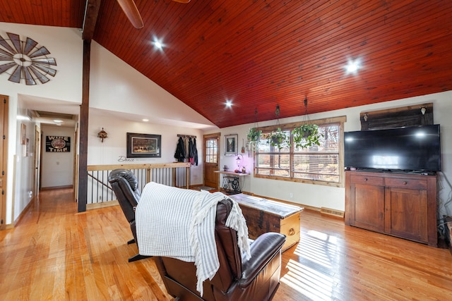 living room featuring light wood-type flooring, high vaulted ceiling, beamed ceiling, and wood ceiling