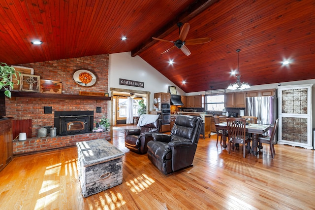 living room with light wood-type flooring, high vaulted ceiling, beamed ceiling, and wooden ceiling