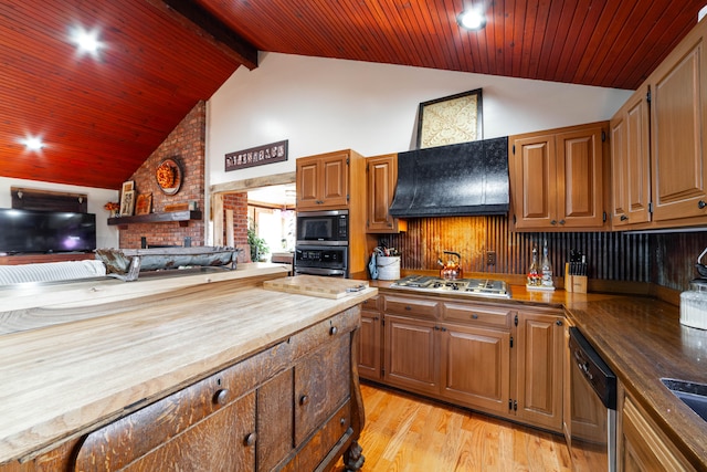 kitchen featuring stainless steel appliances, light hardwood / wood-style floors, wooden ceiling, custom exhaust hood, and wooden counters