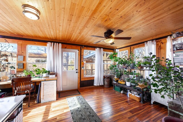 sunroom with ceiling fan, wooden ceiling, and built in desk