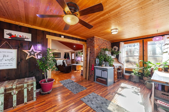 interior space with hardwood / wood-style floors, wood walls, and wood ceiling