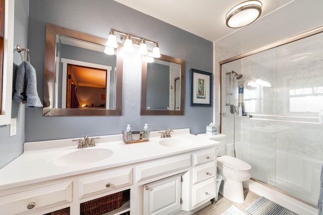 bathroom featuring toilet, vanity, and a shower with door