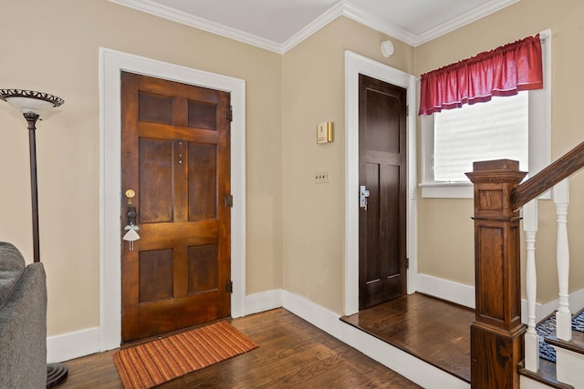 entrance foyer featuring ornamental molding and dark wood-type flooring