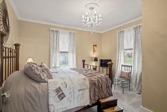 bedroom with light carpet, an inviting chandelier, and ornamental molding