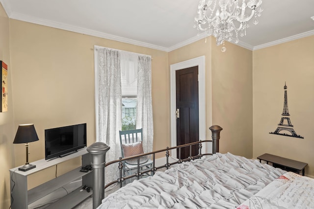 bedroom with a notable chandelier and ornamental molding