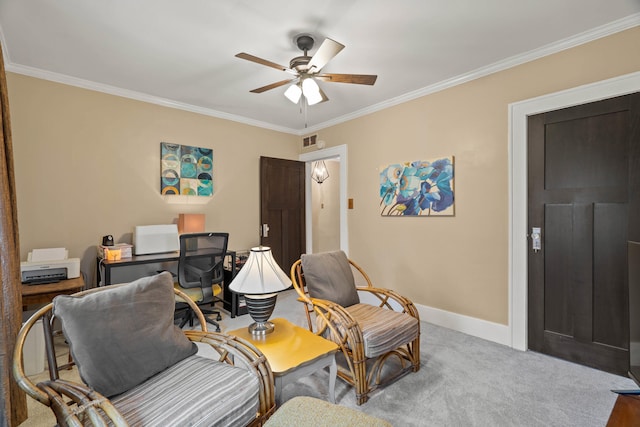 living area featuring ceiling fan, carpet floors, and ornamental molding