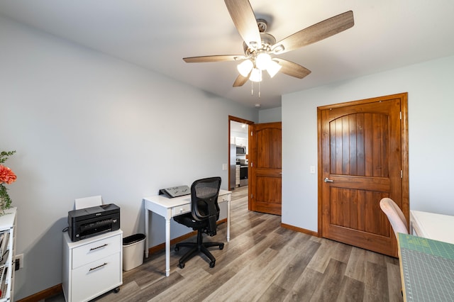 office featuring ceiling fan and light wood-type flooring