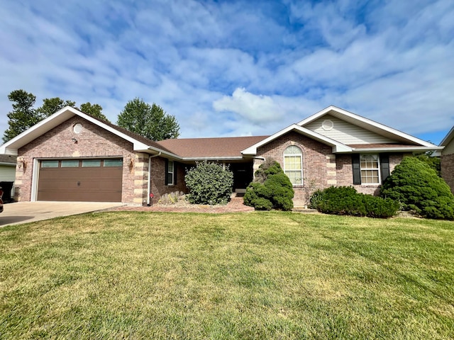 single story home featuring a front yard and a garage