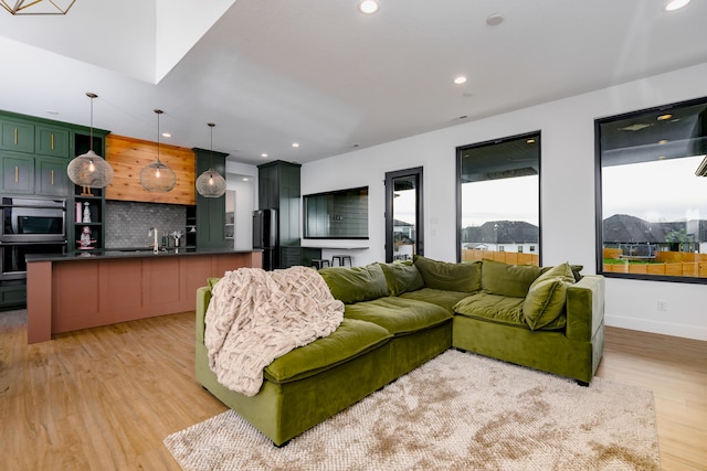 living room with a mountain view and light hardwood / wood-style floors