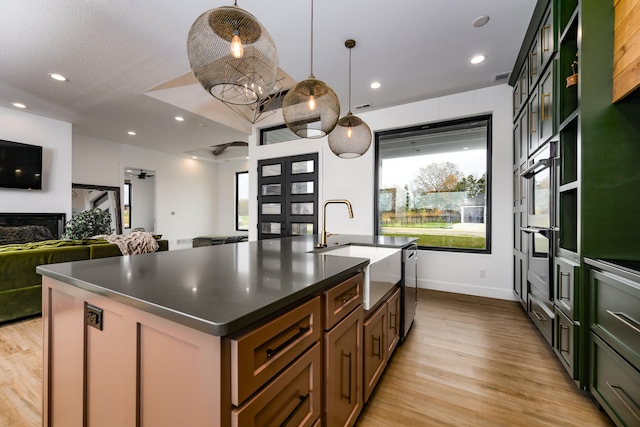 kitchen with light hardwood / wood-style flooring, a healthy amount of sunlight, and an island with sink