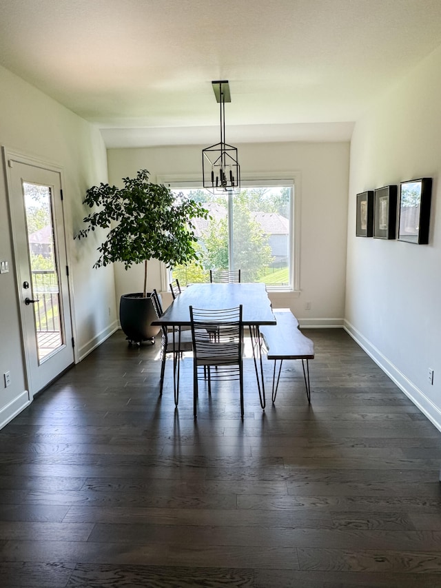 dining space featuring a notable chandelier, plenty of natural light, and dark hardwood / wood-style floors