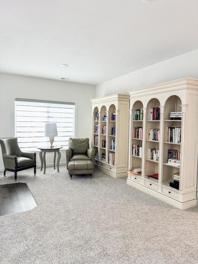 living area featuring carpet floors