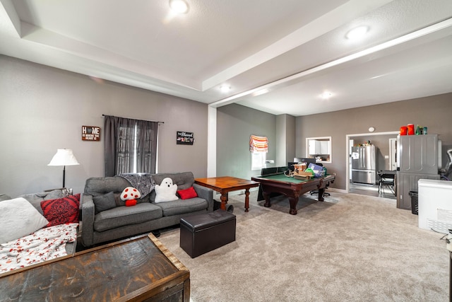 living room featuring carpet flooring and billiards