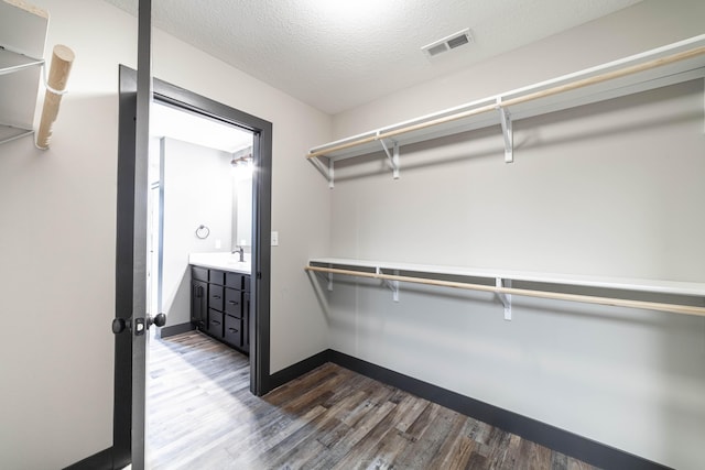 walk in closet with dark wood-type flooring and sink