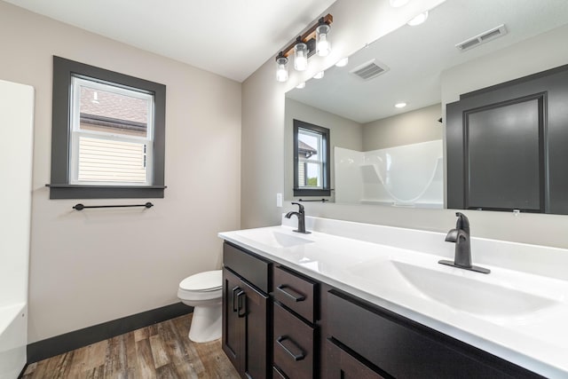 bathroom with plenty of natural light, toilet, wood-type flooring, and vanity