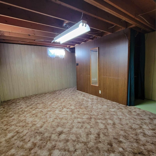 basement featuring wooden walls and carpet floors