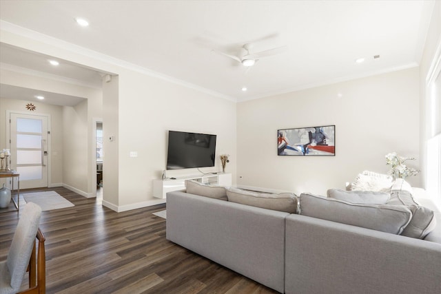 living room with dark hardwood / wood-style floors, ceiling fan, and crown molding