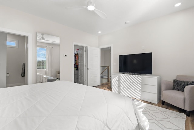 bedroom featuring ceiling fan, light wood-type flooring, a walk in closet, and a closet