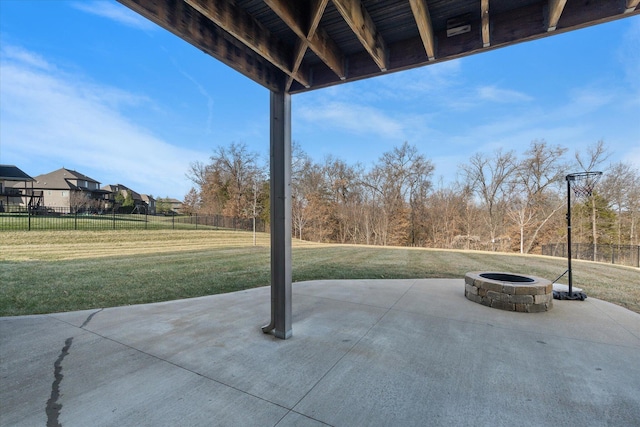 view of patio / terrace featuring a fire pit