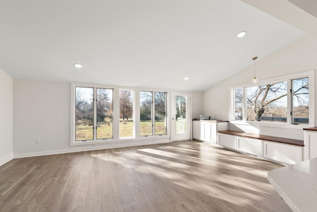 interior space with a healthy amount of sunlight, lofted ceiling, and wood-type flooring