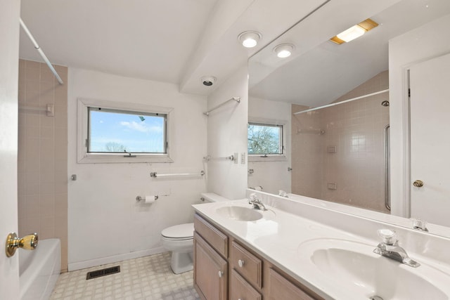 full bathroom with toilet, vanity, vaulted ceiling, and a healthy amount of sunlight