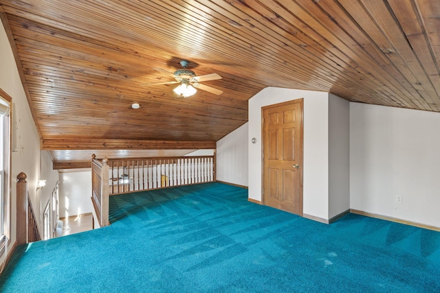 additional living space with dark colored carpet, vaulted ceiling, ceiling fan, and wooden ceiling